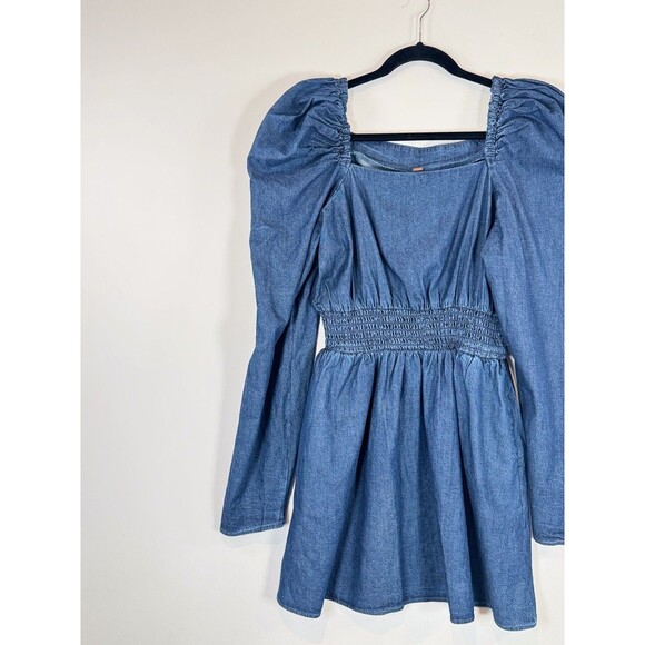 Free People Womens Dress Molly Mini Chambray Puff Sleeve Smocked A Line Large - Picture 5 of 11